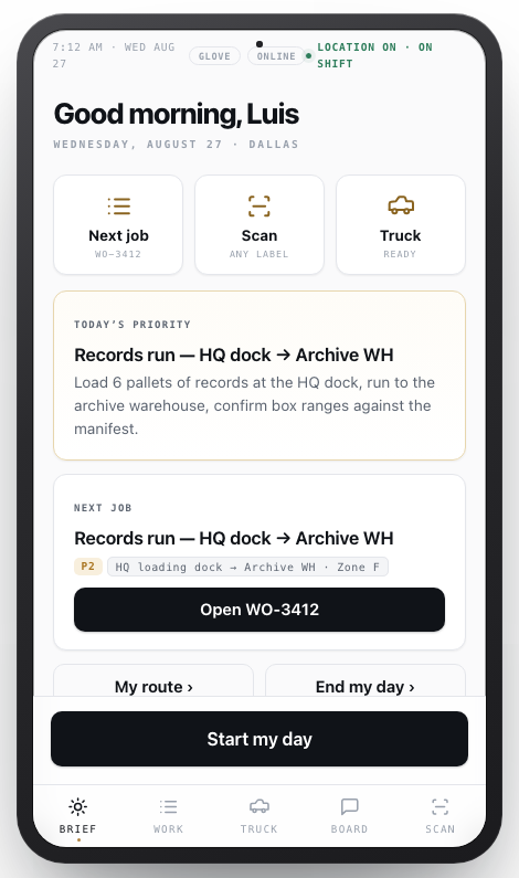 Lisa crew app on iPad — morning brief with priority job and quick actions